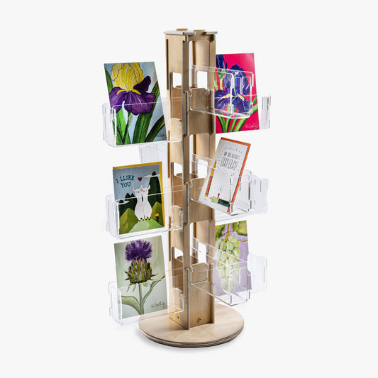 Wooden Countertop Greeting Card Spinner with 12 Clear Pockets