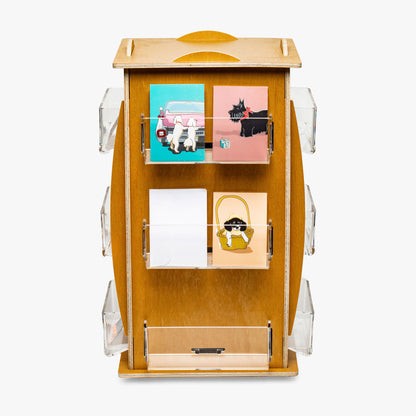 Greeting card and sticker spinner, wood and acrylic for countertop