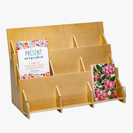 Sturdy, elegant plywood countertop display is perfectly sized for greeting cards, postcards, DVDs, and other small items.