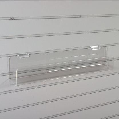 Clear Slatwall Shelf for Cards or Other Media, 16" to 48" Wide