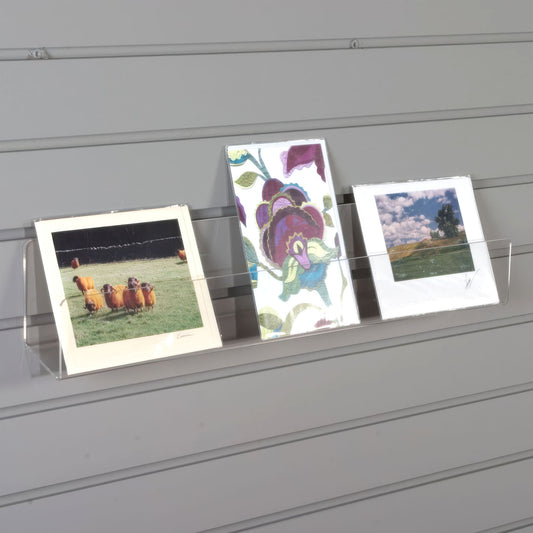 Clear Slatwall Shelf for Cards or Other Media, 16" to 48" Wide