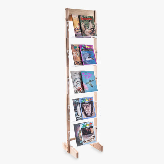Wood Floor Stand with Clear Acrylic Shelves, 18" to 36" Wide