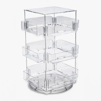 Sturdy clear countertop spinner used to display small gifts, tags, stickers or other impulse items at the point of sale.