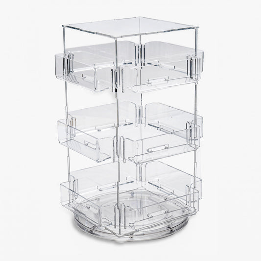 Sturdy clear countertop spinner used to display small gifts, tags, stickers or other impulse items at the point of sale.