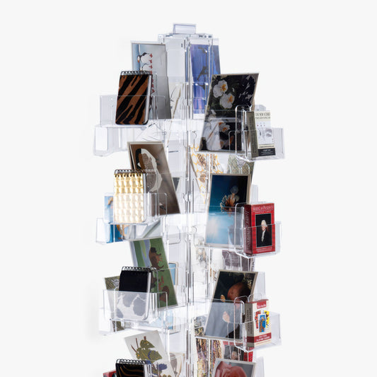 72 pocket clear acrylic floor spinner for greeting cards, postcards or other media. Made in the US.