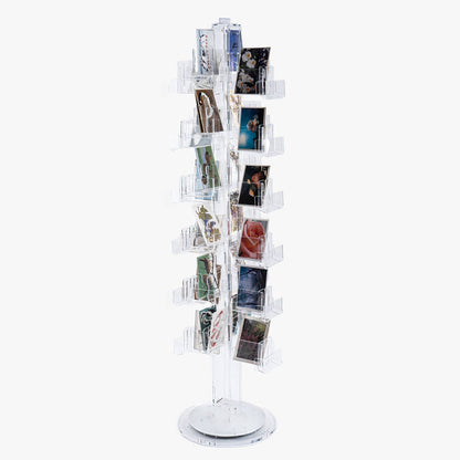 72 pocket clear acrylic floor spinner for greeting cards, postcards or other media. Made in the US.