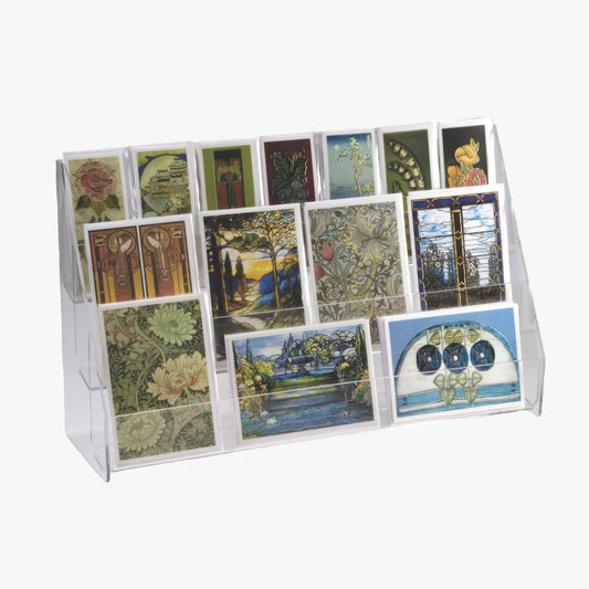 Three Tier Clear Card Rack with Angled Shelves, for greeting cards, postcards,, rack cards