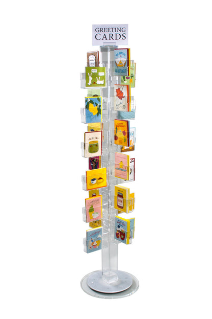 Made in the US from polished clear acrylic, these floor spinners hold 48 designs or facings of greeting cards, postcards or other print media.
